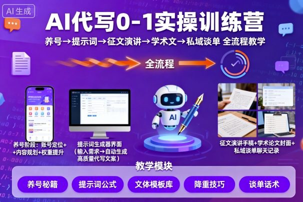 AI代写0-1实操训练营，从养号、提示词、征文演讲、学术文，到私域谈单的全流程教学-心思维创富网_网上创业教程_网络创业项目