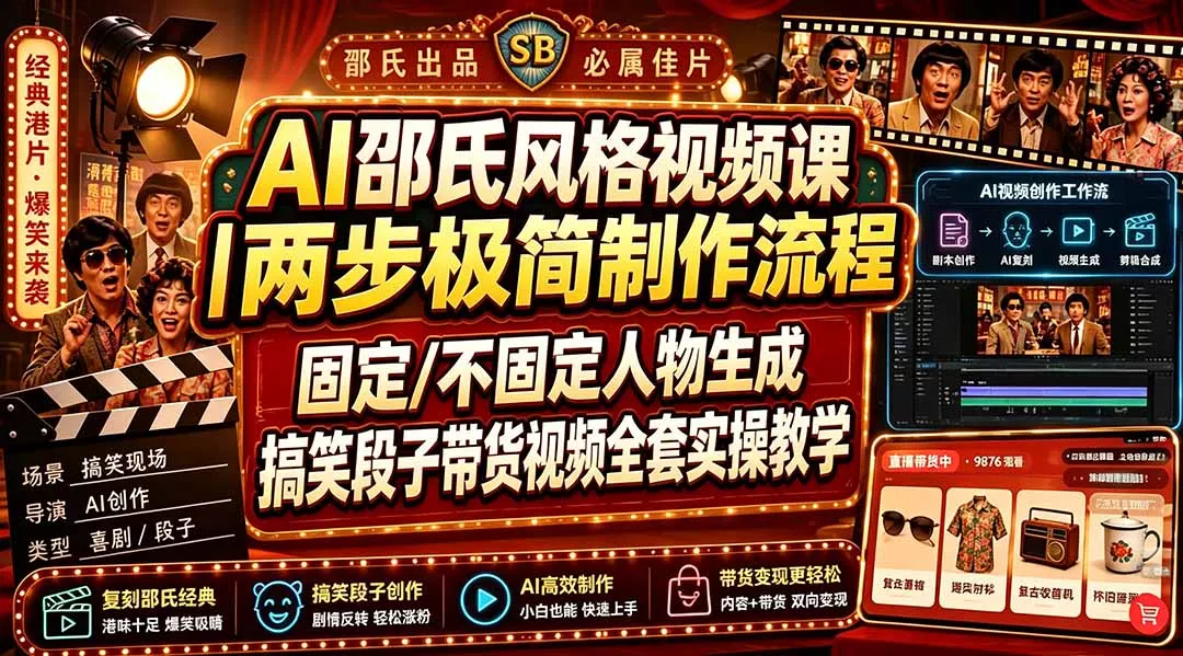 AI邵氏风格视频课｜两步极简制作流程，固定/不固定人物生成，搞笑段子带货视频全套实操教学-心思维创富网_网上创业教程_网络创业项目