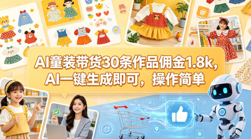 AI童装带货30条作品佣金1.8k，AI一键生成即可，操作简单-心思维创富网_网上创业教程_网络创业项目