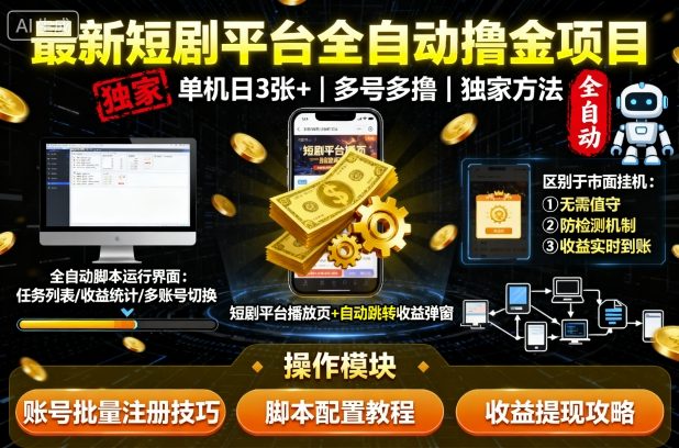 最新短剧平台全自动挂G撸金项目，单机一天3张+，多号多撸，区别于市面所有挂机项目，独家方法【揭秘】-心思维创富网_网上创业教程_网络创业项目