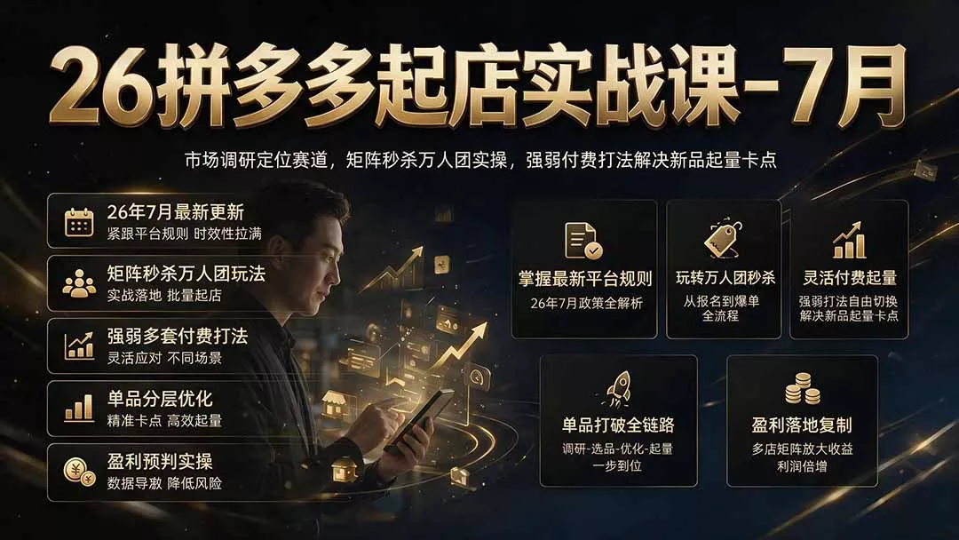26拼多多起店实战课-7月｜市场调研定位赛道，矩阵秒杀万人团实操，强弱付费打法解决新品起量卡点-心思维创富网_网上创业教程_网络创业项目