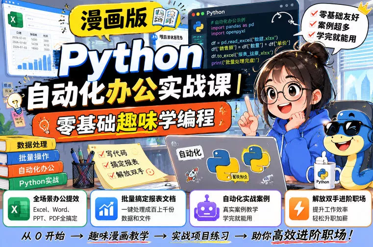 漫画版Python自动化办公实战课｜零基础趣味学编程，全场景办公提效、批量搞定报表文档、解放双手进阶职场-心思维创富网_网上创业教程_网络创业项目