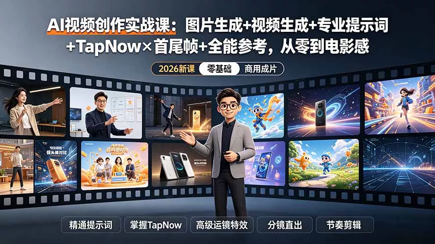 AI视频创作实战课：图片生成+视频生成+专业提示词+TapNow×首尾帧+全能参考，从零到电影感成片-心思维创富网_网上创业教程_网络创业项目