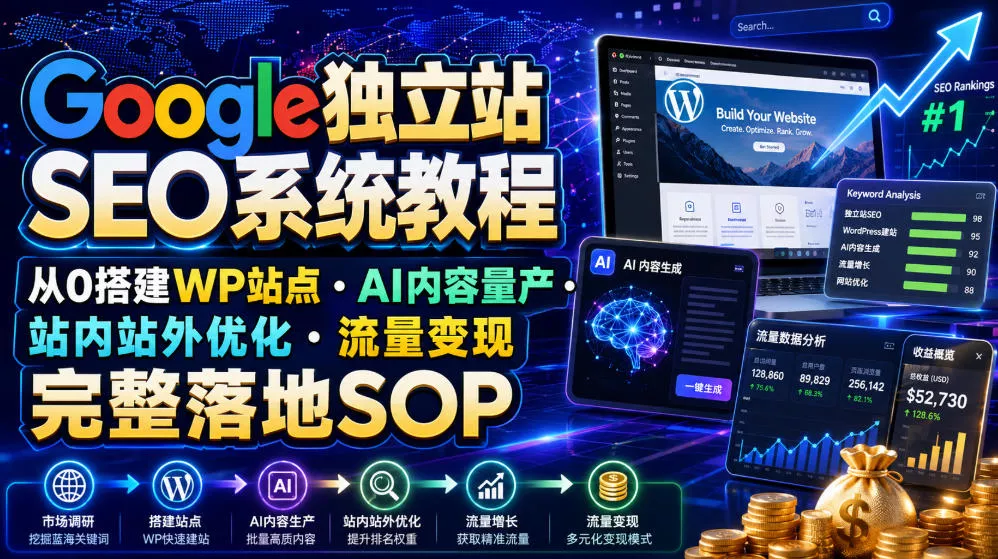 Google独立站SEO系统教程，从0搭建WP站点・AI内容量产・站内站外优化・流量变现完整落地SOP(2026年7月)-心思维创富网_网上创业教程_网络创业项目