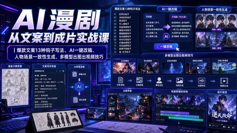 AI漫剧从文案到成片实战课｜爆款文案13种钩子写法、AI一键改稿、人物场景一致性生成、多模型出图出视频技巧-心思维创富网_网上创业教程_网络创业项目