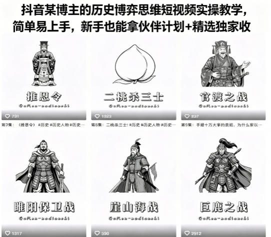 抖音某博主的历史博弈思维短视频实操教学，简单易上手，新手也能拿伙伴计划+精选独家收益-心思维创富网_网上创业教程_网络创业项目