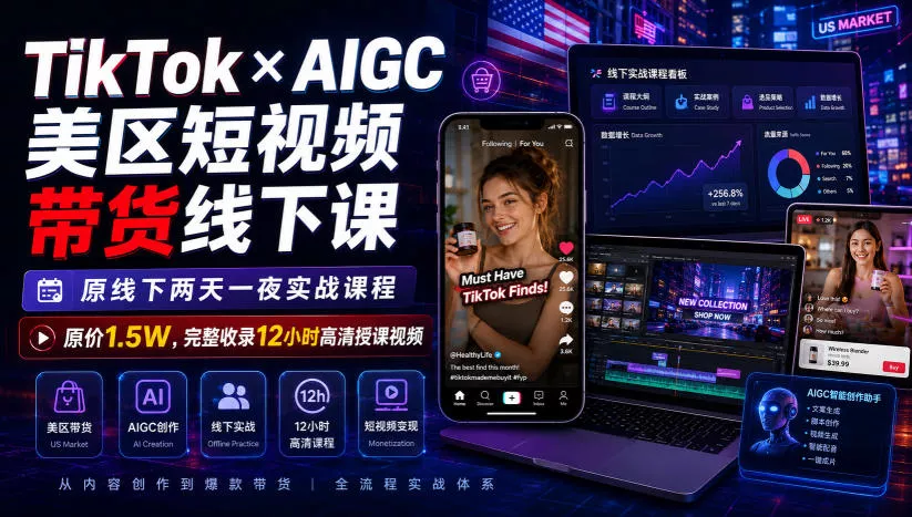 TikTok×AIGC美区短视频带货线下课，原线下两天一夜实战课程，原价1.5W，完整收录12小时高清授课视频-心思维创富网_网上创业教程_网络创业项目