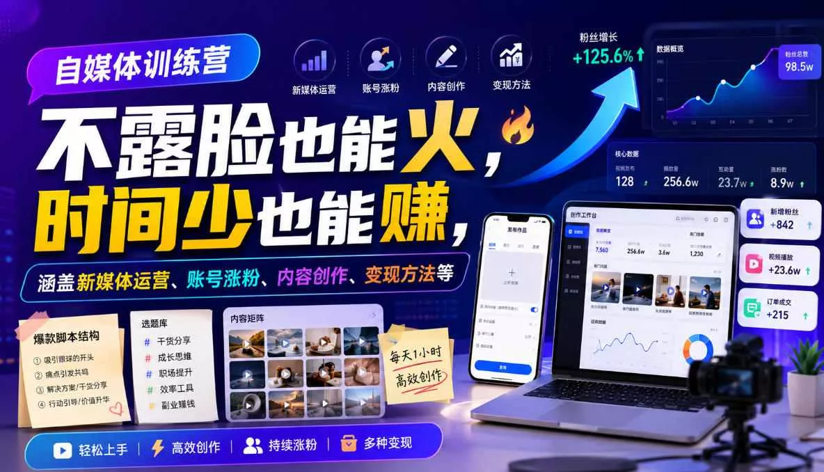 自媒体训练营，不露脸也能火，时间少也能賺，涵盖新媒体运营、账号涨粉、内容创作、变现方法等-心思维创富网_网上创业教程_网络创业项目
