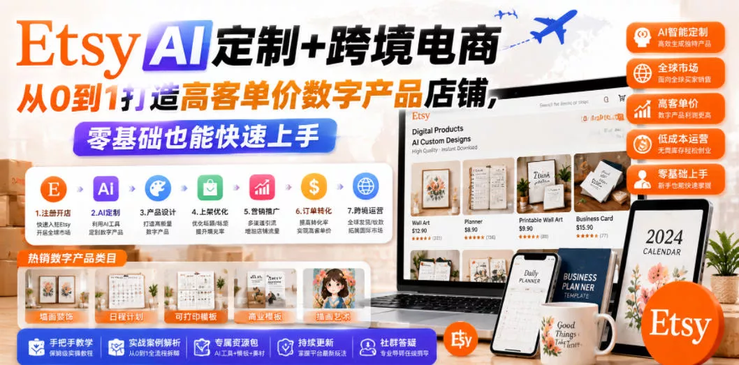 Etsy AI定制+跨境电商，从0到1打造高客单价数字产品店铺，零基础也能快速上手-心思维创富网_网上创业教程_网络创业项目
