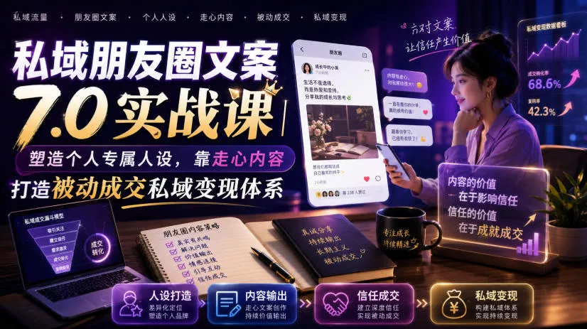 私域朋友圈文案7.0实战课｜塑造个人专属人设，靠走心内容打造被动成交私域变现体系-心思维创富网_网上创业教程_网络创业项目