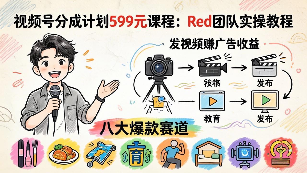 视频号分成计划599元课程：Red团队实操教程，发视频赚广告收益，八大爆款赛道全掌握-心思维创富网_网上创业教程_网络创业项目