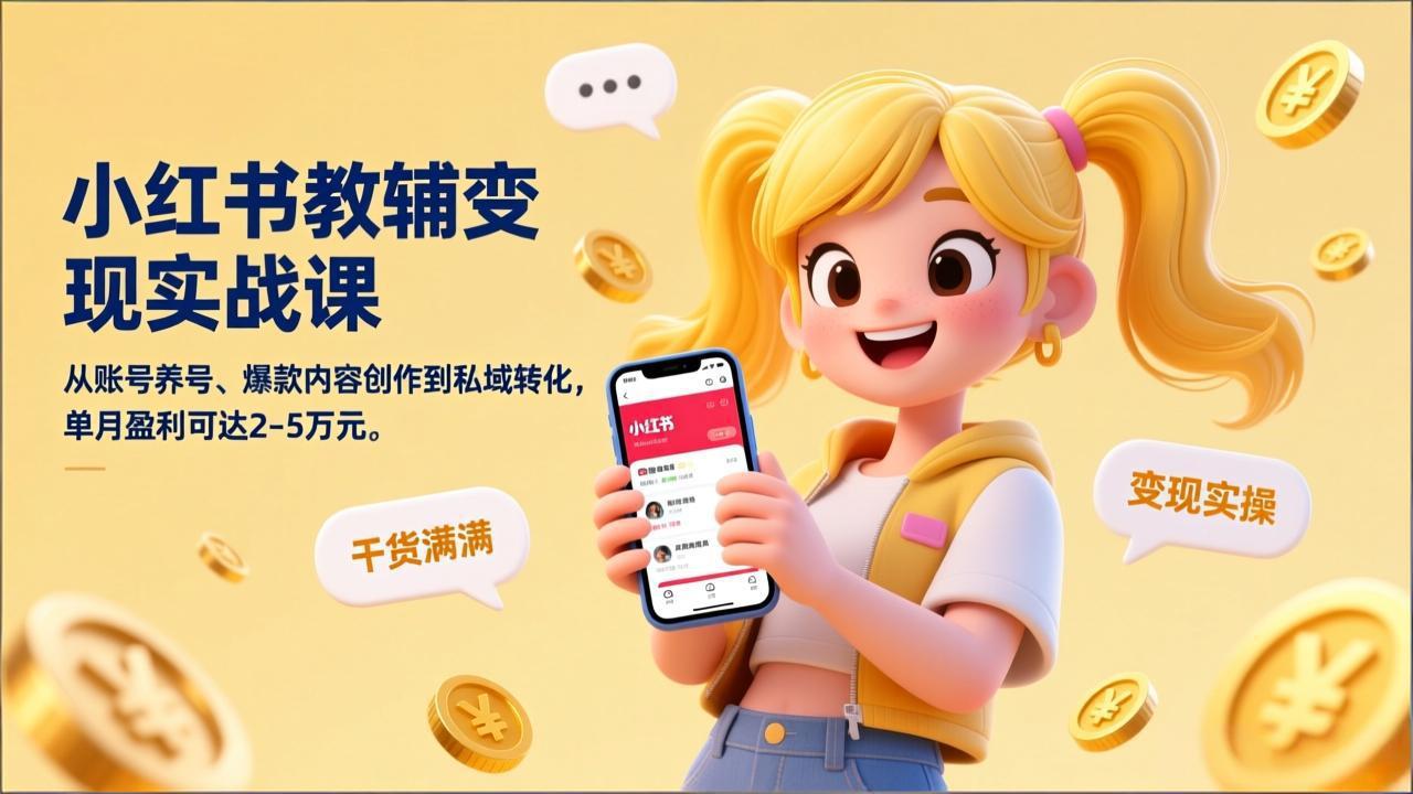 小红书教辅变现实战课，从账号养号、爆款内容创作到私域转化，单月盈利可达2-5万元-心思维创富网_网上创业教程_网络创业项目