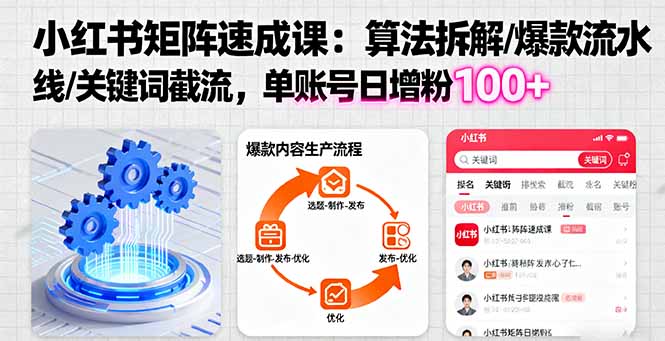 小红书矩阵起号速成课：算法拆解/爆款流水线/关键词截流 单账号日增粉100+-心思维创富网_网上创业教程_网络创业项目