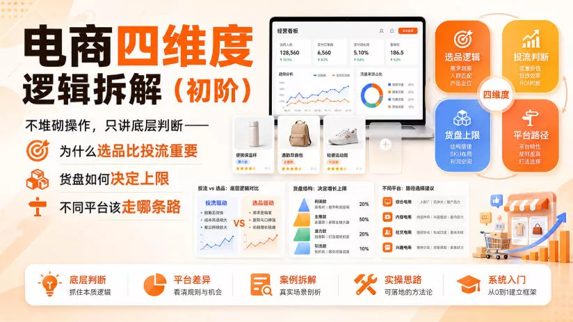 电商四维度逻辑拆解(初阶)不堆砌操作，只讲底层判断——为什么选品比投流重要、货盘如何决定上限、不同平台该走哪条路-心思维创富网_网上创业教程_网络创业项目