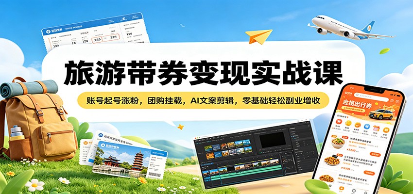 旅游带券变现实战课：账号起号涨粉，团购挂载，AI文案剪辑，零基础轻松副业增收-心思维创富网_网上创业教程_网络创业项目