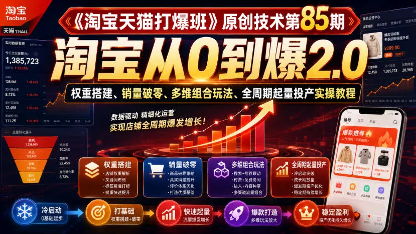 《淘宝天猫打爆班》原创技术第85期，淘宝从0到爆2.0，权重搭建、销量破零、多维组合玩法、全周期起量投产实操教程-心思维创富网_网上创业教程_网络创业项目