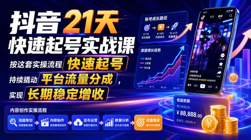 抖音21天快速起号实战课，按这套实操流程快速起号，持续撬动平台流量分成，实现长期稳定增收-心思维创富网_网上创业教程_网络创业项目