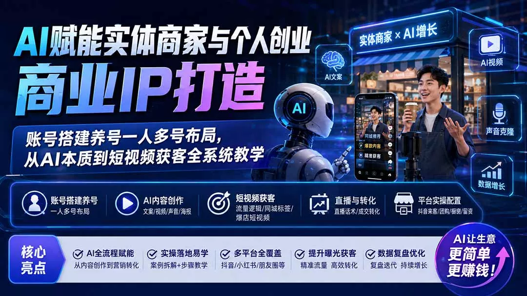 AI赋能实体商家与个人创业商业IP打造；账号搭建养号一人多号布局，从AI本质到短视频获客全系统教学-心思维创富网_网上创业教程_网络创业项目