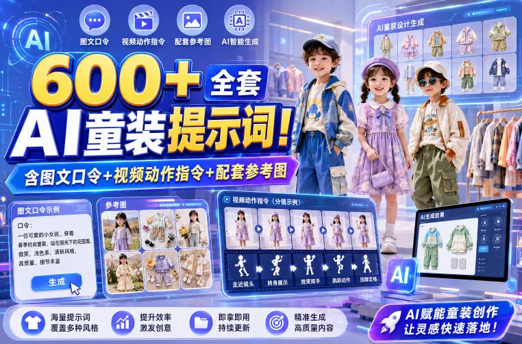 600+全套AI童装提示词！含图文口令+视频动作指令+配套参考图，Word-Excel规整分类，童装电商、种草无脑量产内容！-心思维创富网_网上创业教程_网络创业项目