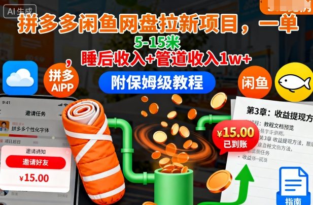 拼多多闲鱼网盘拉新项目，一单5-15米，睡后收入+管道收入1w+(附保姆级教程)-心思维创富网_网上创业教程_网络创业项目