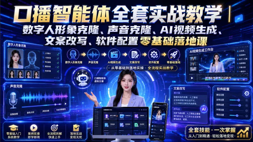 口播智能体全套实战教学｜数字人形象克隆、声音克隆、AI视频生成、文案改写、软件配置零基础落地课-心思维创富网_网上创业教程_网络创业项目