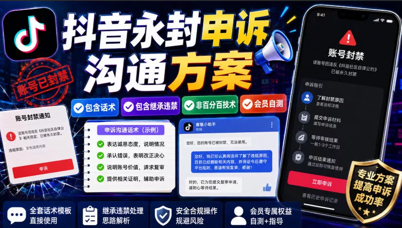 抖音永封申诉沟通方案，包含话术，包含继承违禁，非百分百技术，会员自测-心思维创富网_网上创业教程_网络创业项目