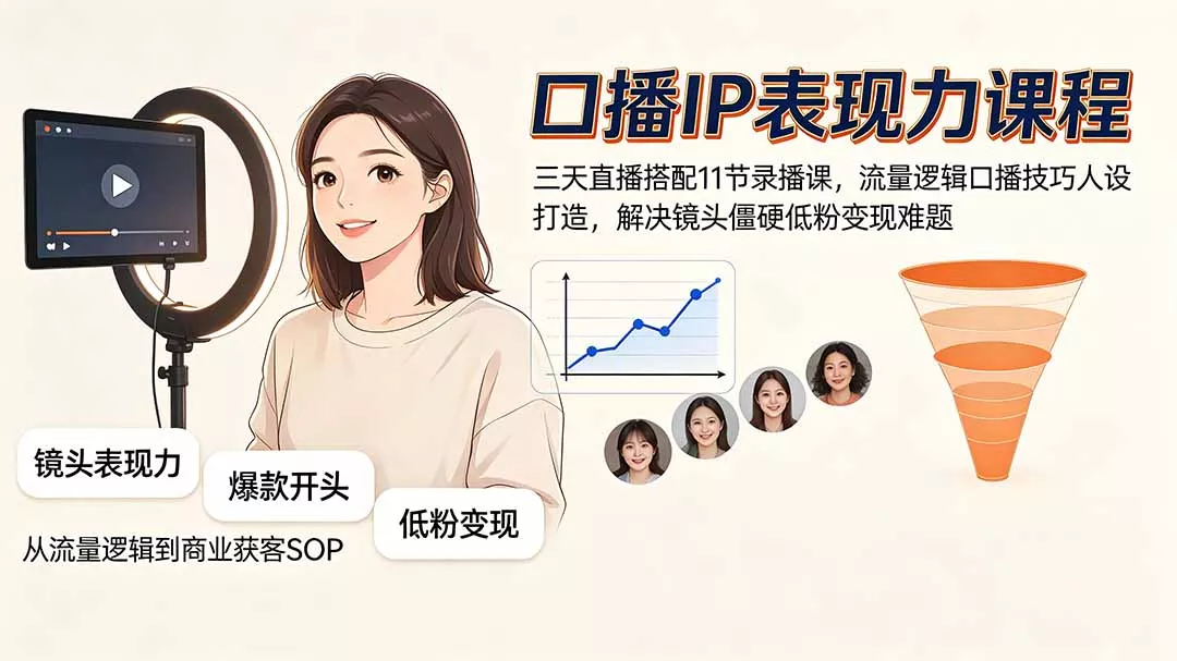 口播IP表现力课程｜三天直播搭配11节录播课，流量逻辑口播技巧人设打造，解决镜头僵硬低粉变现难题-心思维创富网_网上创业教程_网络创业项目