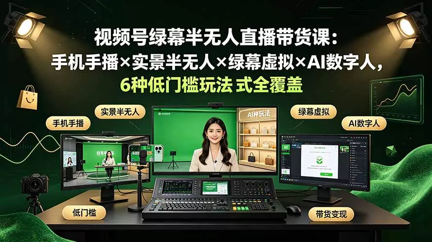 视频号绿幕半无人直播带货课：手机手播×实景半无人×绿幕虚拟×AI数字人，6种低门槛玩法全覆盖-心思维创富网_网上创业教程_网络创业项目
