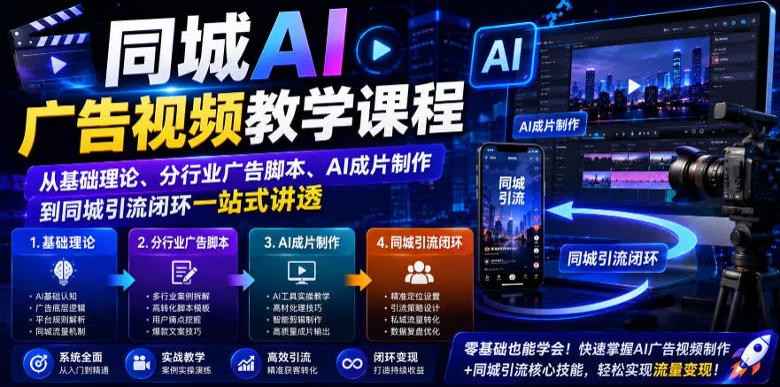 同城AI广告视频教学课程，从基础理论、分行业广告脚本、AI成片制作到同城引流闭环一站式讲透-心思维创富网_网上创业教程_网络创业项目