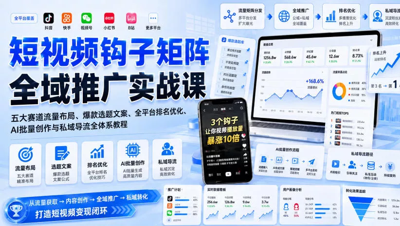 短视频钩子矩阵全域推广实战课｜五大赛道流量布局、爆款选题文案、全平台排名优化、AI批量创作与私域导流全体系教程-心思维创富网_网上创业教程_网络创业项目