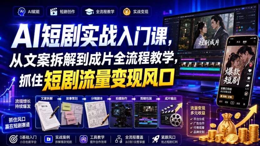 AI短剧实战入门课，从文案拆解到成片全流程教学，抓住短剧流量变现风口-心思维创富网_网上创业教程_网络创业项目