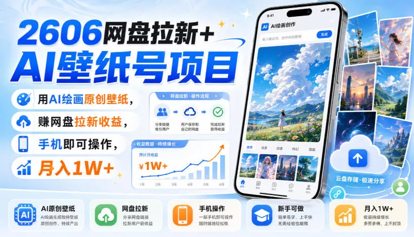2606网盘拉新+AI壁纸号项目，用AI绘画原创壁纸，賺网盘拉新收益，手机即可操作，月入1W+-心思维创富网_网上创业教程_网络创业项目
