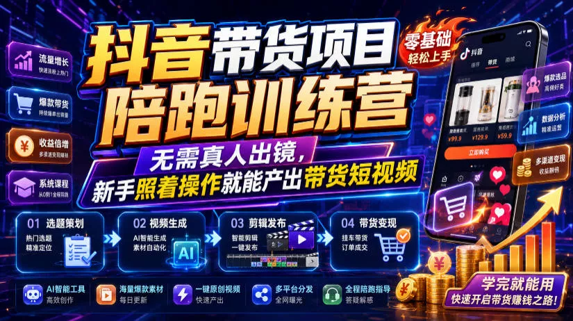 抖音带货项目陪跑训练营，无需真人出镜，新手照着操作就能产出带货短视频(更新0811)-心思维创富网_网上创业教程_网络创业项目