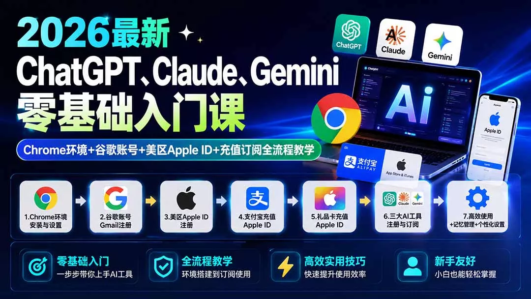 2026最新ChatGPT、Claude、Gemini零基础入门课：Chrome环境+谷歌账号+美区Apple ID+充值订阅全流程教学-心思维创富网_网上创业教程_网络创业项目