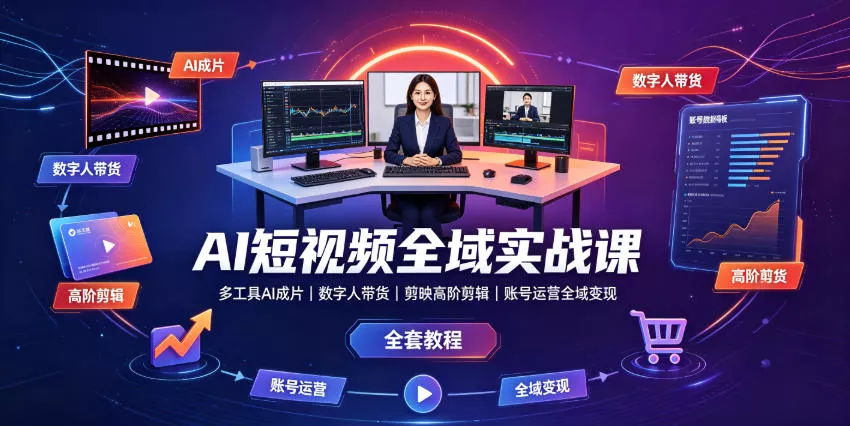 AI短视频全域实战课｜多工具AI成片、数字人带货、剪映高阶剪辑、账号运营全域变现全套教程-心思维创富网_网上创业教程_网络创业项目