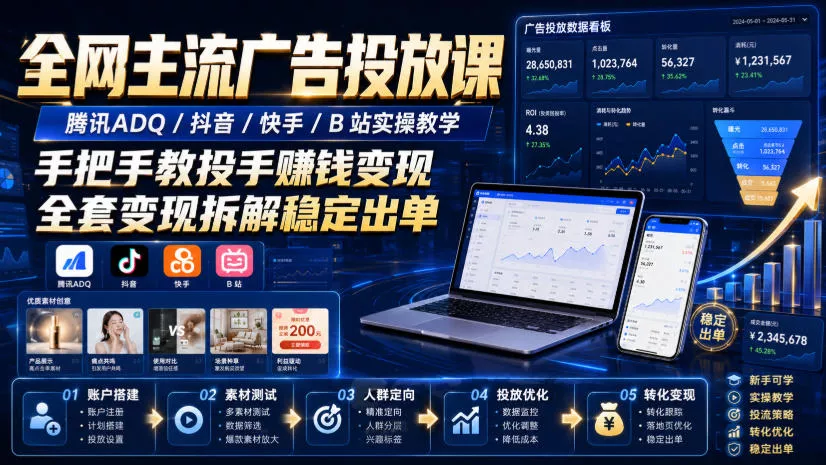 全网主流广告投放课，腾讯ADQ / 抖音 / 快手 / B 站实操教学，手把手教投手赚钱变现，全套变现拆解稳定出单-心思维创富网_网上创业教程_网络创业项目