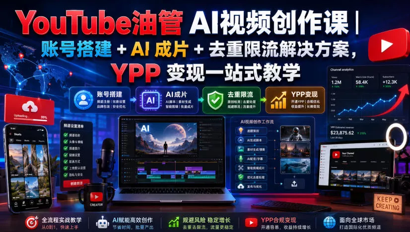 YouTube油管AI视频创作课｜账号搭建+AI成片+去重限流解决方案，YPP变现一站式教学(更新0809)-心思维创富网_网上创业教程_网络创业项目