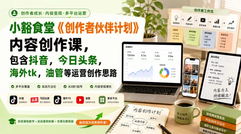 小豁食堂《创作者伙伴计划》内容创作课，包含抖音，今日头条，海外tk，油管等运营创作思路-心思维创富网_网上创业教程_网络创业项目