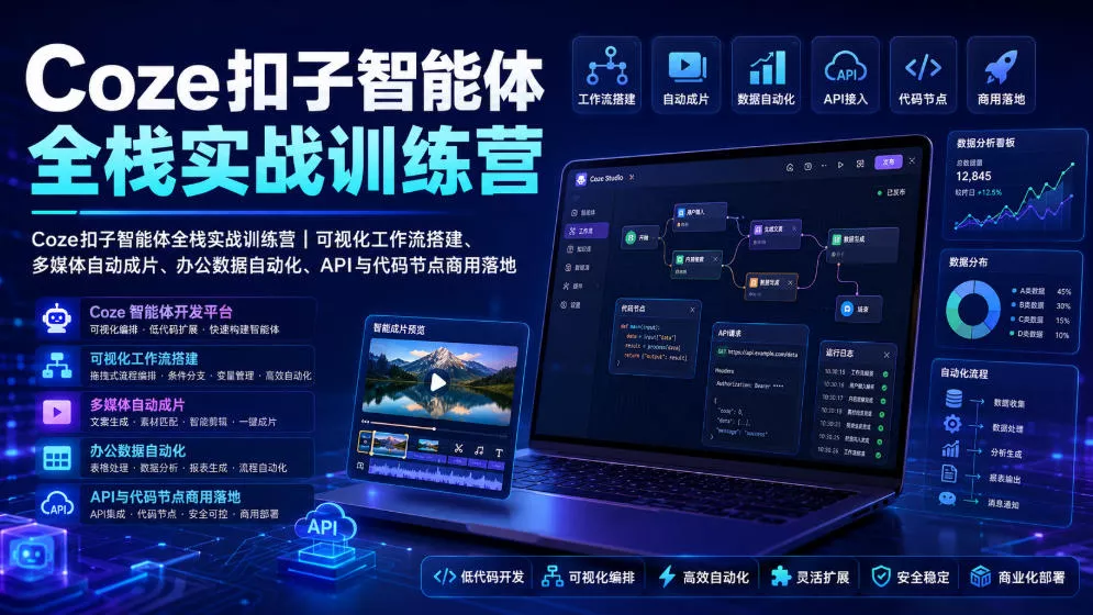 Coze扣子智能体全栈实战训练营｜可视化工作流搭建、多媒体自动成片、办公数据自动化、API与代码节点商用落地-心思维创富网_网上创业教程_网络创业项目