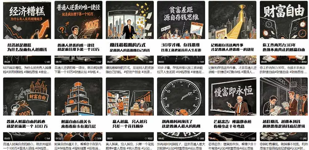 AI书单财富书籍图文解读：手绘黑白风格×一键直出×几十条视频跑1000单×全流程拆解×新手可上手-心思维创富网_网上创业教程_网络创业项目