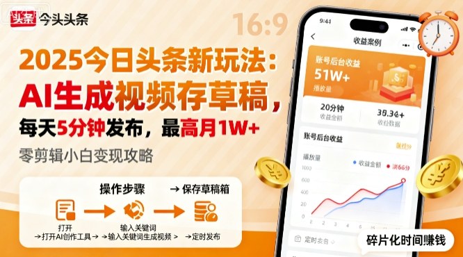 2025年今日头条躺賺新玩法，AI生成视频存草稿，每天5分钟发布，最高月1W+【揭秘】-心思维创富网_网上创业教程_网络创业项目