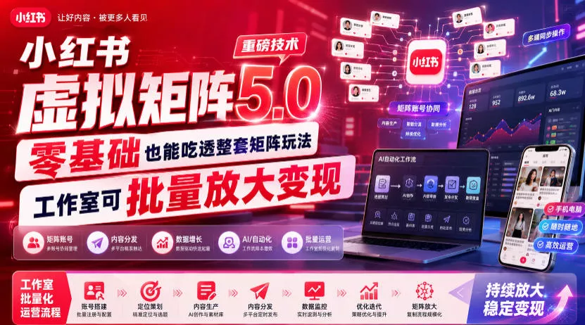 小红书虚拟矩阵5.0重磅技术，零基础也能吃透整套矩阵玩法，工作室可批量放大变现-心思维创富网_网上创业教程_网络创业项目