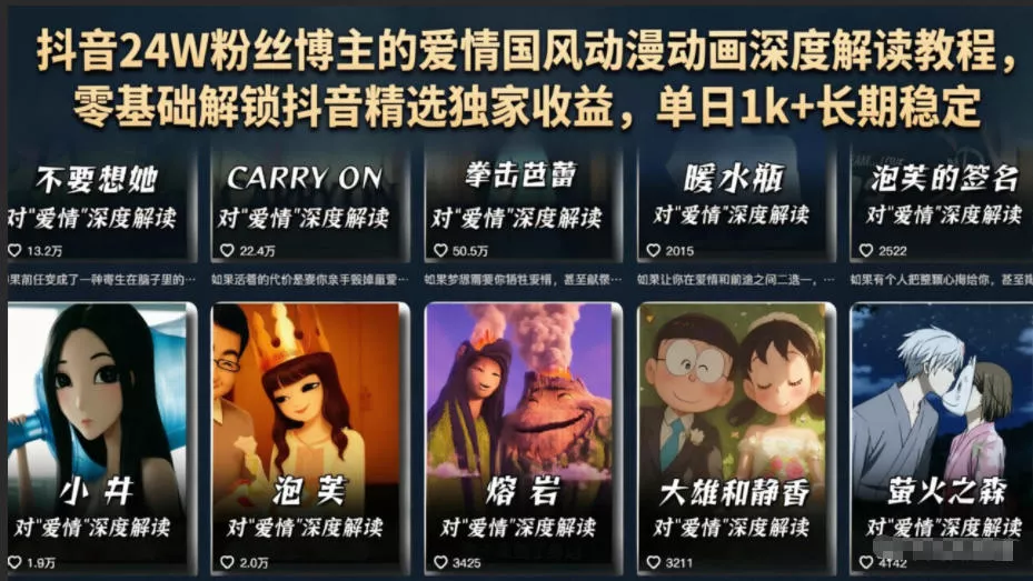 抖音24W粉丝博主的爱情国风动漫动画深度解读教程，零基础解锁抖音精选独家收益，单日1k+长期稳定-心思维创富网_网上创业教程_网络创业项目