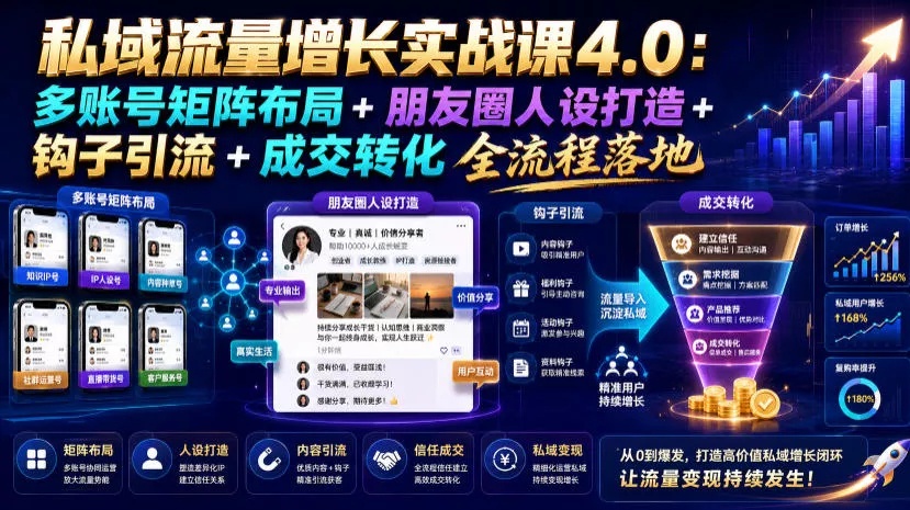 私域流量增长实战课4.0：多账号矩阵布局+朋友圈人设打造+钩子引流+成交转化全流程落地-心思维创富网_网上创业教程_网络创业项目