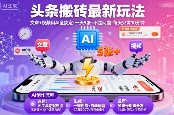头条搬砖最新玩法，文章+视频用AI全搞定，一天5张+不是问题，每天只需10分钟-心思维创富网_网上创业教程_网络创业项目