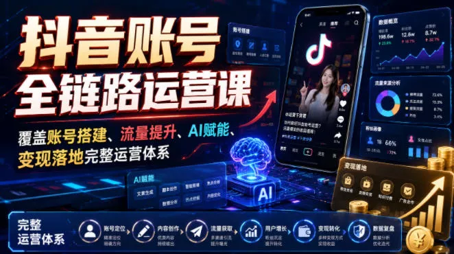 抖音账号全链路运营课，覆盖账号搭建、流量提升、AI赋能、变现落地完整运营体系-心思维创富网_网上创业教程_网络创业项目