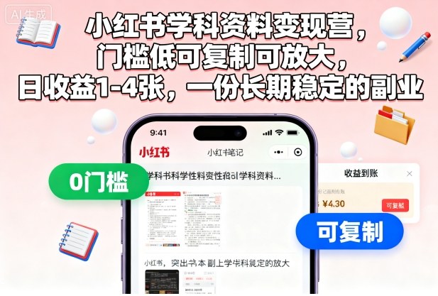 小红书学科资料变现营，门槛低可复制可放大，日收益1-4张，一份长期稳定的副业-心思维创富网_网上创业教程_网络创业项目
