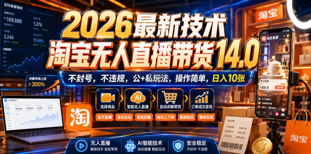 2026最新技术，淘宝无人直播带货14.0，不封号，不违规，公+私玩法，操作简单，日入10张【揭秘】-心思维创富网_网上创业教程_网络创业项目