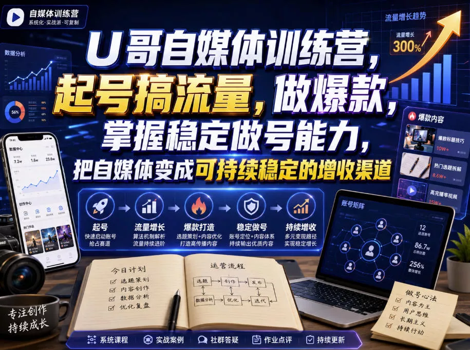 U哥自媒体训练营，起号搞流量，做爆款，掌握稳定做号能力，把自媒体变成可持续稳定的增收渠道-心思维创富网_网上创业教程_网络创业项目