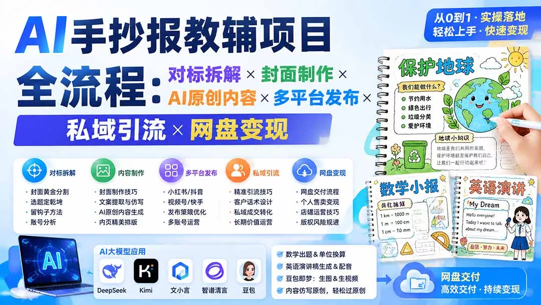 AI手抄报教辅项目全流程：对标拆解×封面制作×AI原创内容×多平台发布×私域引流×网盘变现-心思维创富网_网上创业教程_网络创业项目